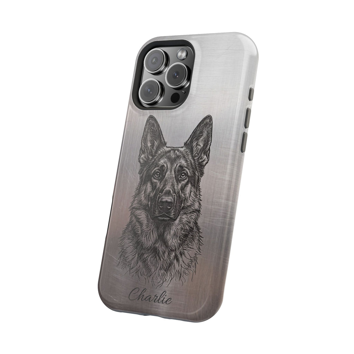 German Shepherd Phone Case | Personalized Etched Silver Art — Tough Magnetic Case with Wireless Charging