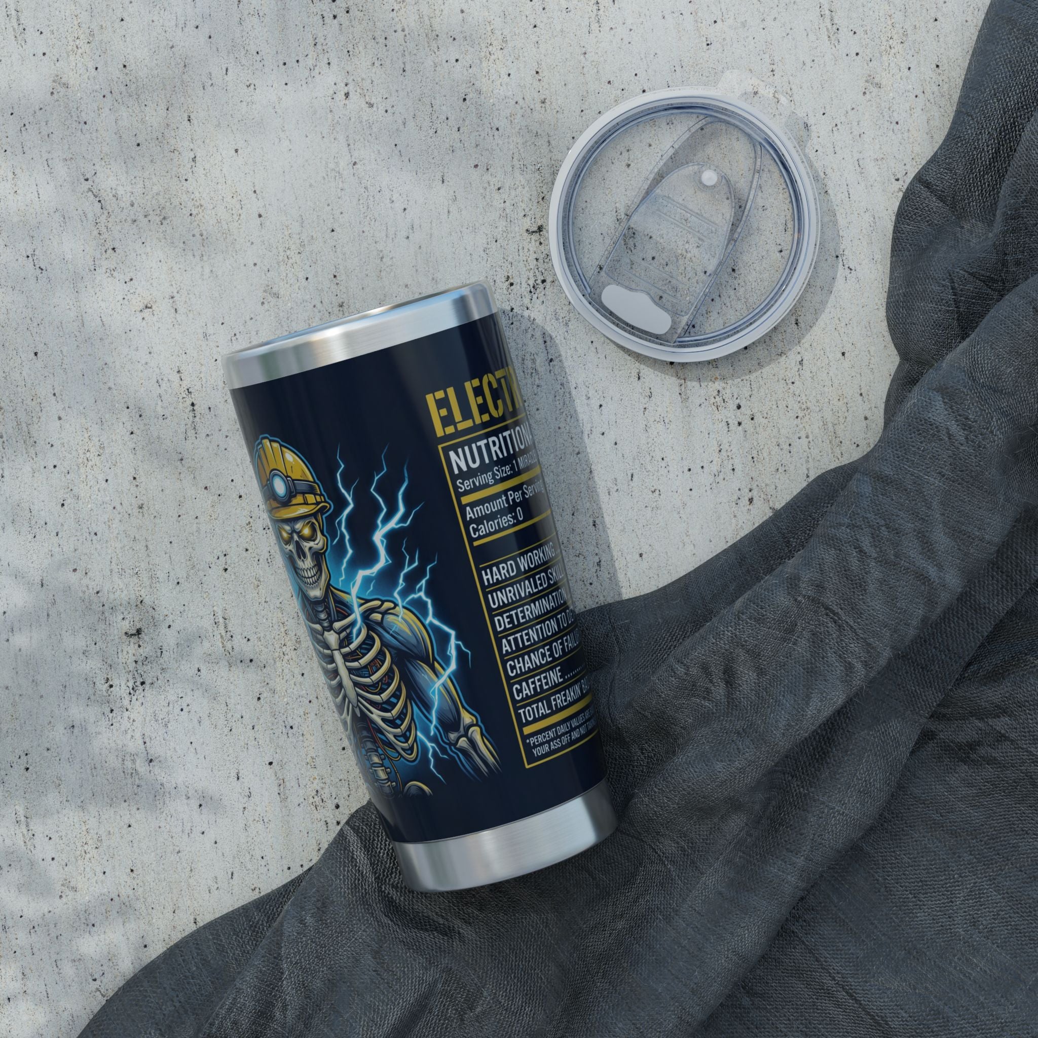 Electric Skeleton Miner 20 oz Tumbler — Energetic Miner Skull Travel Cup for Electricians