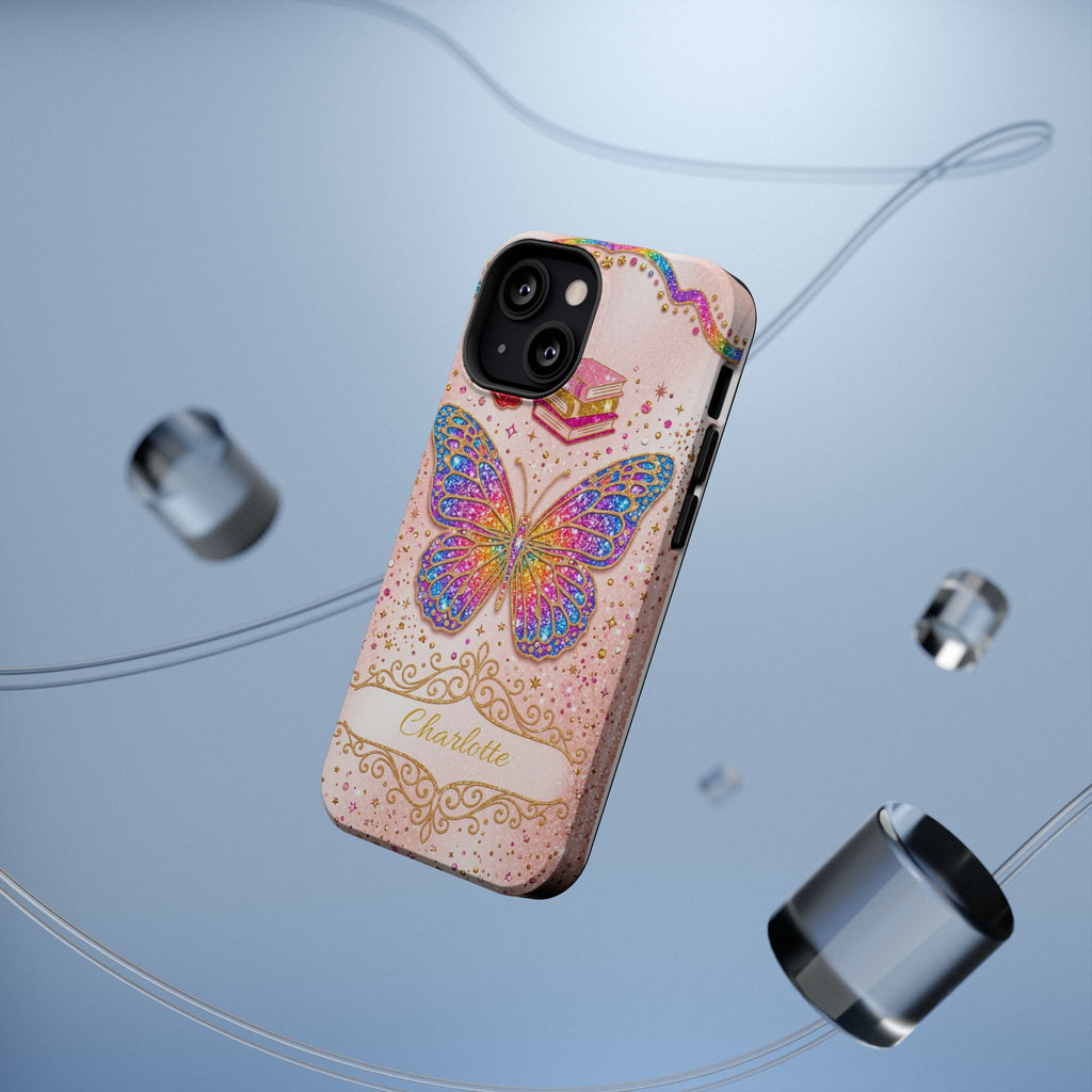 Blush Glitter Butterfly Personalized Teacher Phone Case — Wireless Charging Cover
