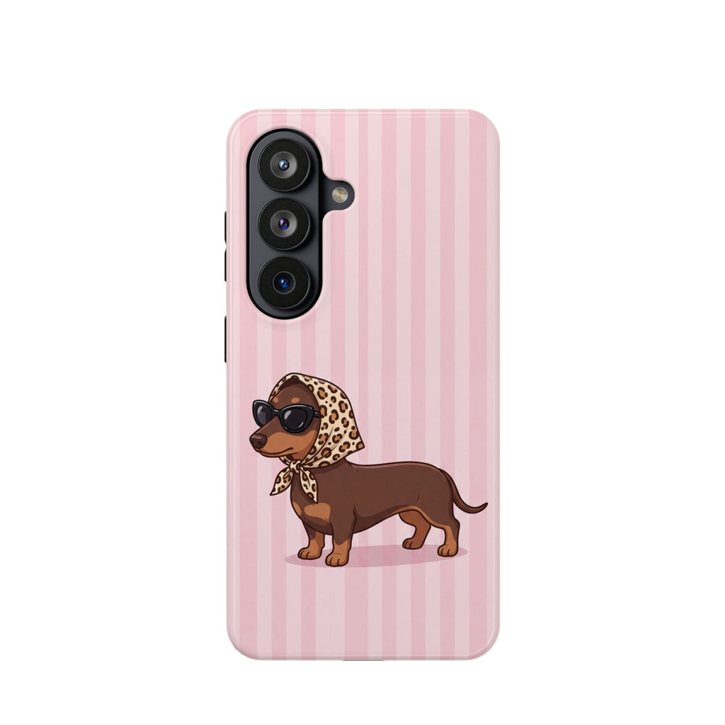 Glam Dachshund Phone Case | Cute Sausage Dog in Leopard Scarf & Sunglasses | Pink Stripe Case for iPhone & Samsung