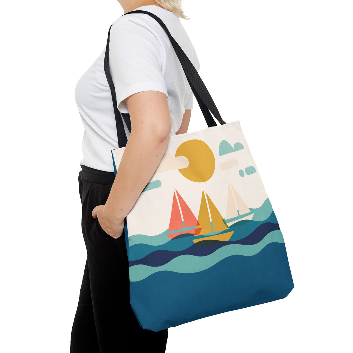 Minimalist Sailboat Tote Bag – Mid-Century Modern Ocean Waves Beach Bag