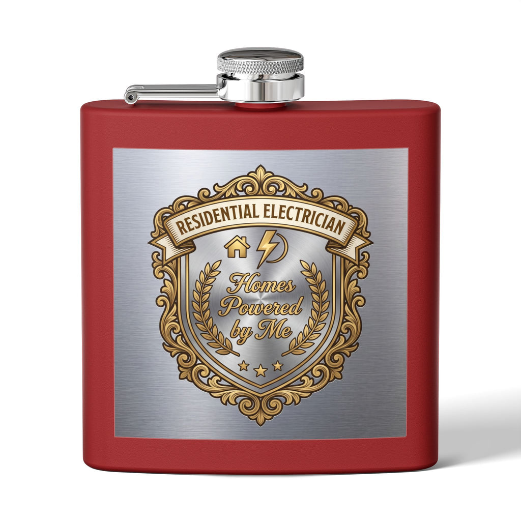 Flask — "Residential Electrician: Homes Powered by Me" (Crest Edition) 6oz Stainless Steel Hip Flask