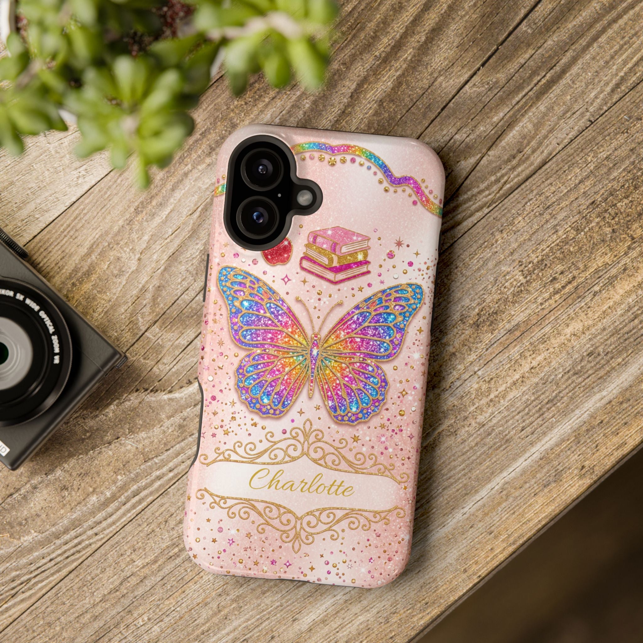 Blush Glitter Butterfly Personalized Teacher Phone Case — Wireless Charging Cover
