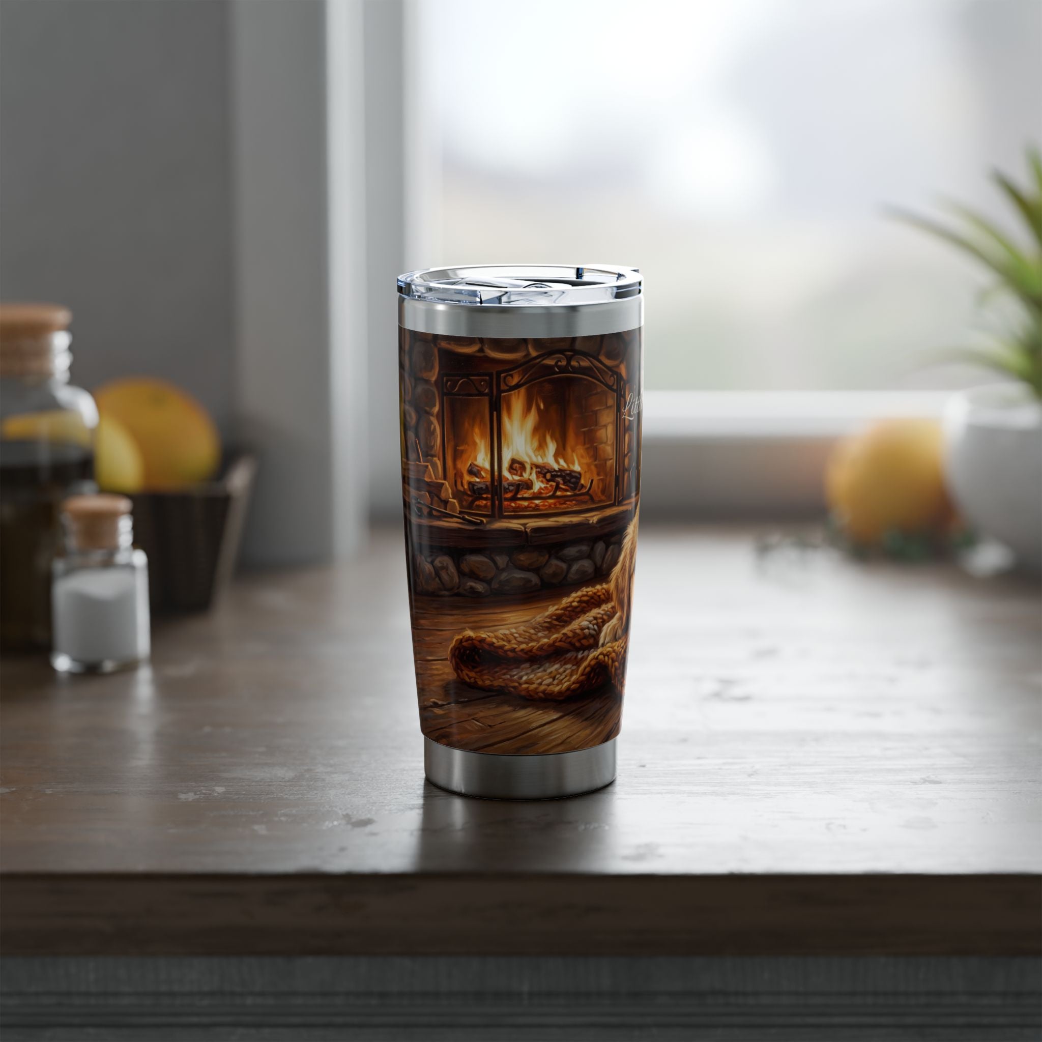 Golden Retriever Puppy Tumbler Personalized – 20 oz Stainless Steel Travel Mug with Custom Name, Cozy Cabin Design