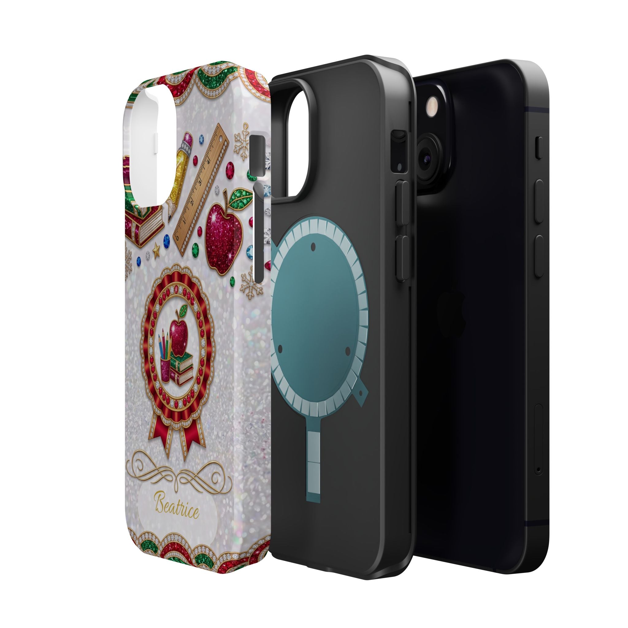 Jeweled Apple Medallion Personalized Teacher Phone Case — Wireless Charging Cover