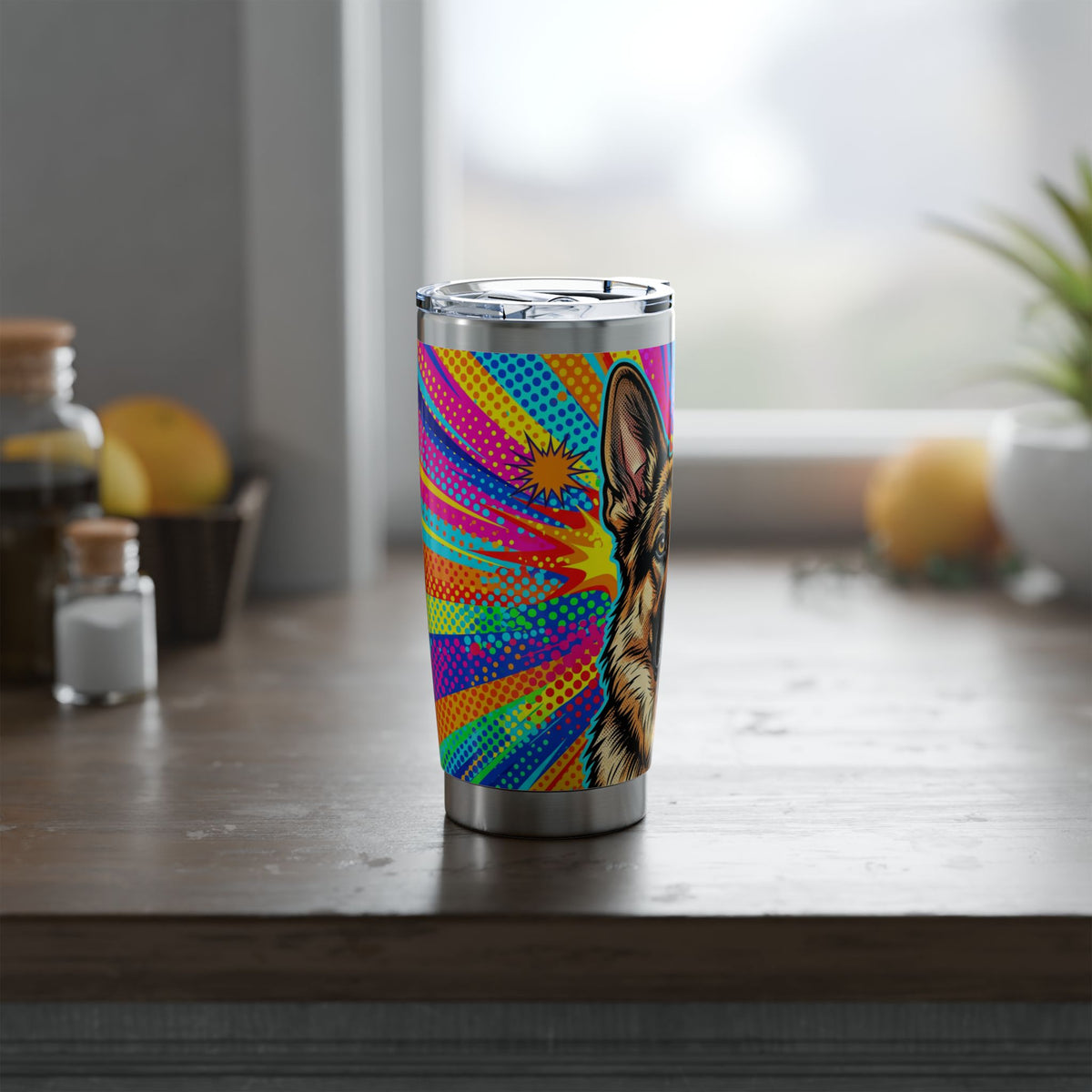 German Shepherd Tumbler | Pop Art Halftone Art — 20 oz Stainless Travel Mug