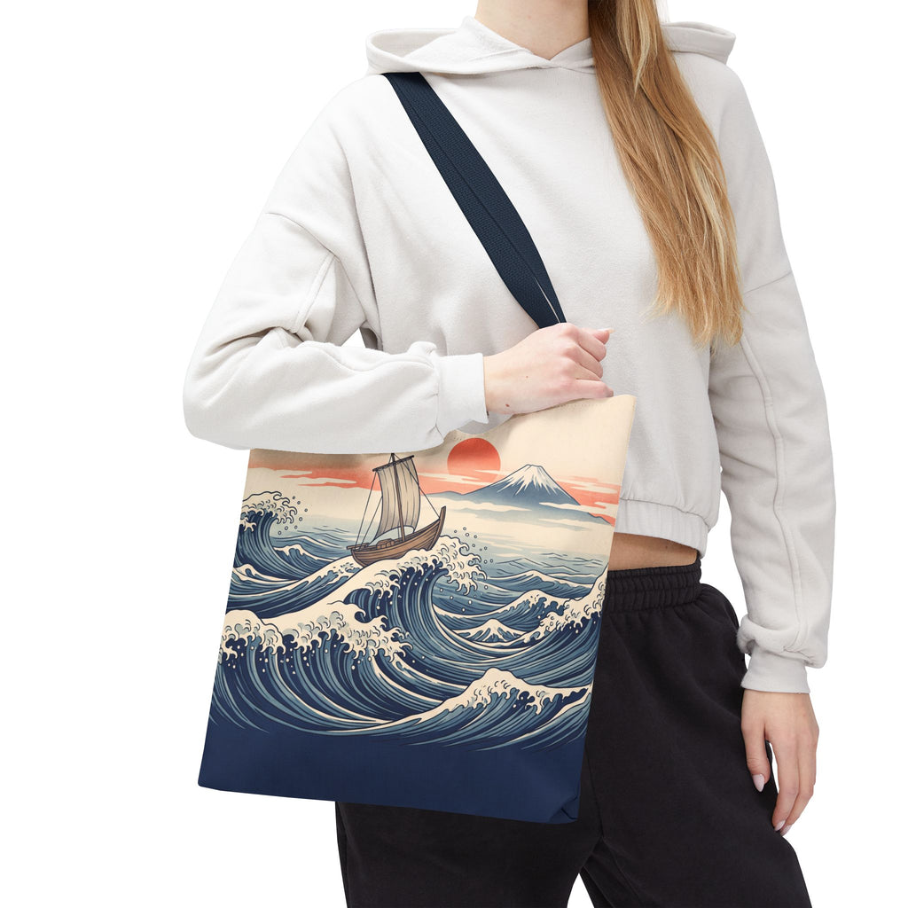 Japanese Wave Sailboat Tote Bag – Woodblock Style Ocean Beach Bag