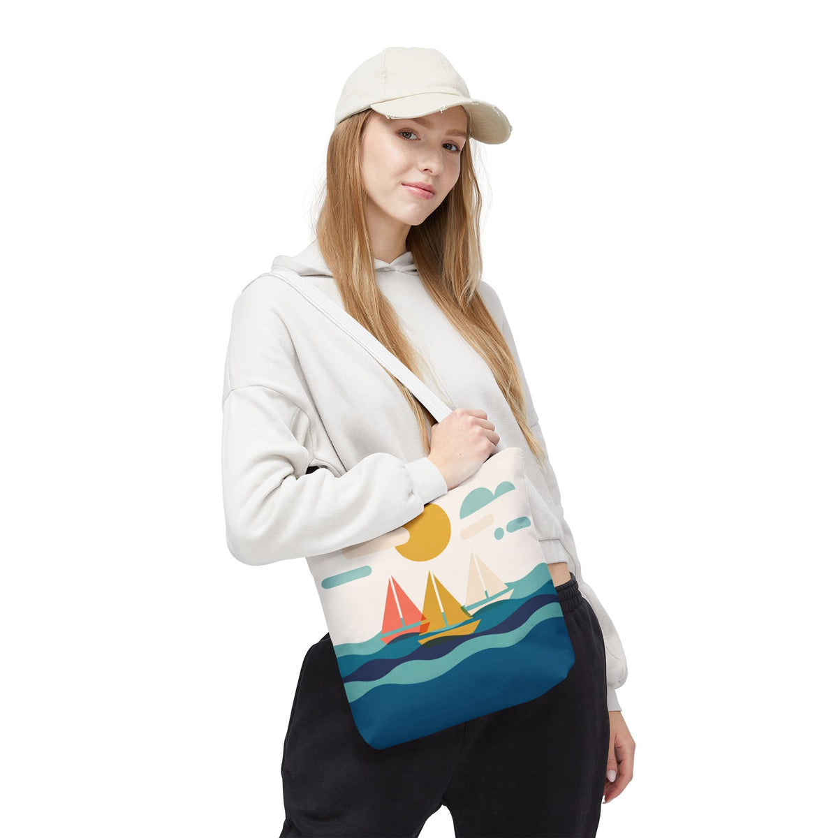 Minimalist Sailboat Tote Bag – Mid-Century Modern Ocean Waves Beach Bag