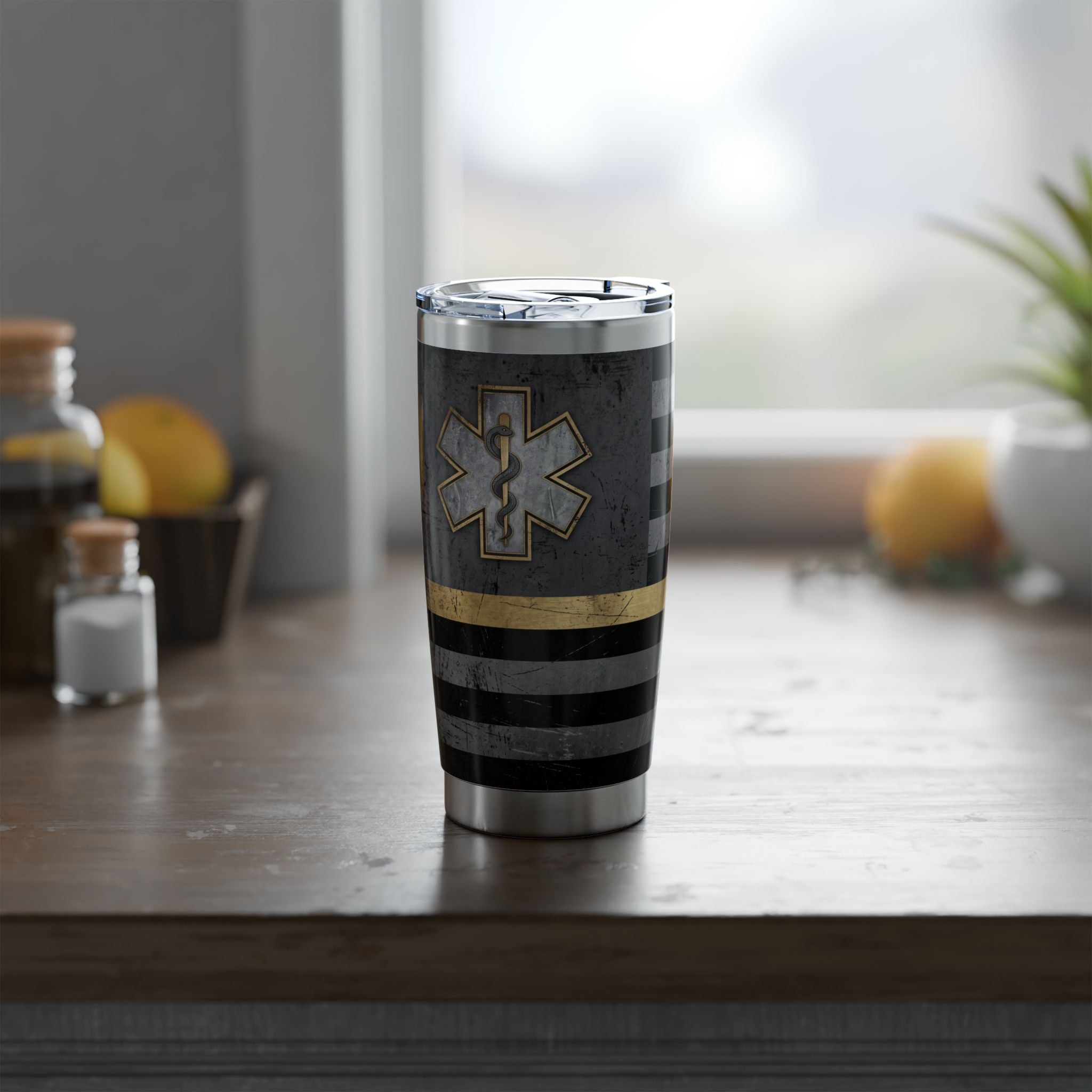 Paramedic/EMT 20oz Tumbler – Thin Gold Line Flag Design