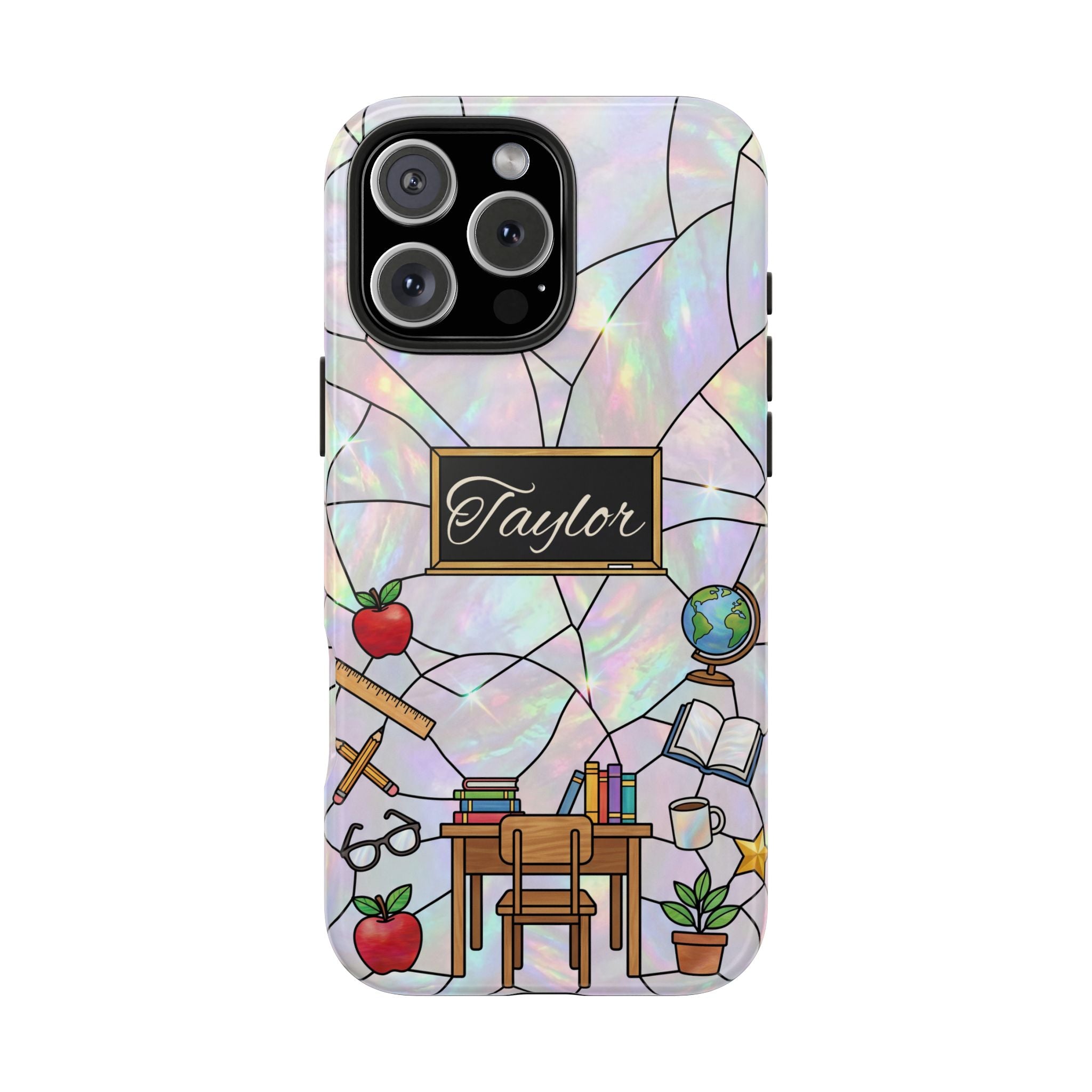 Personalized Teacher Phone Case — Custom Name Stained Glass Classroom Design