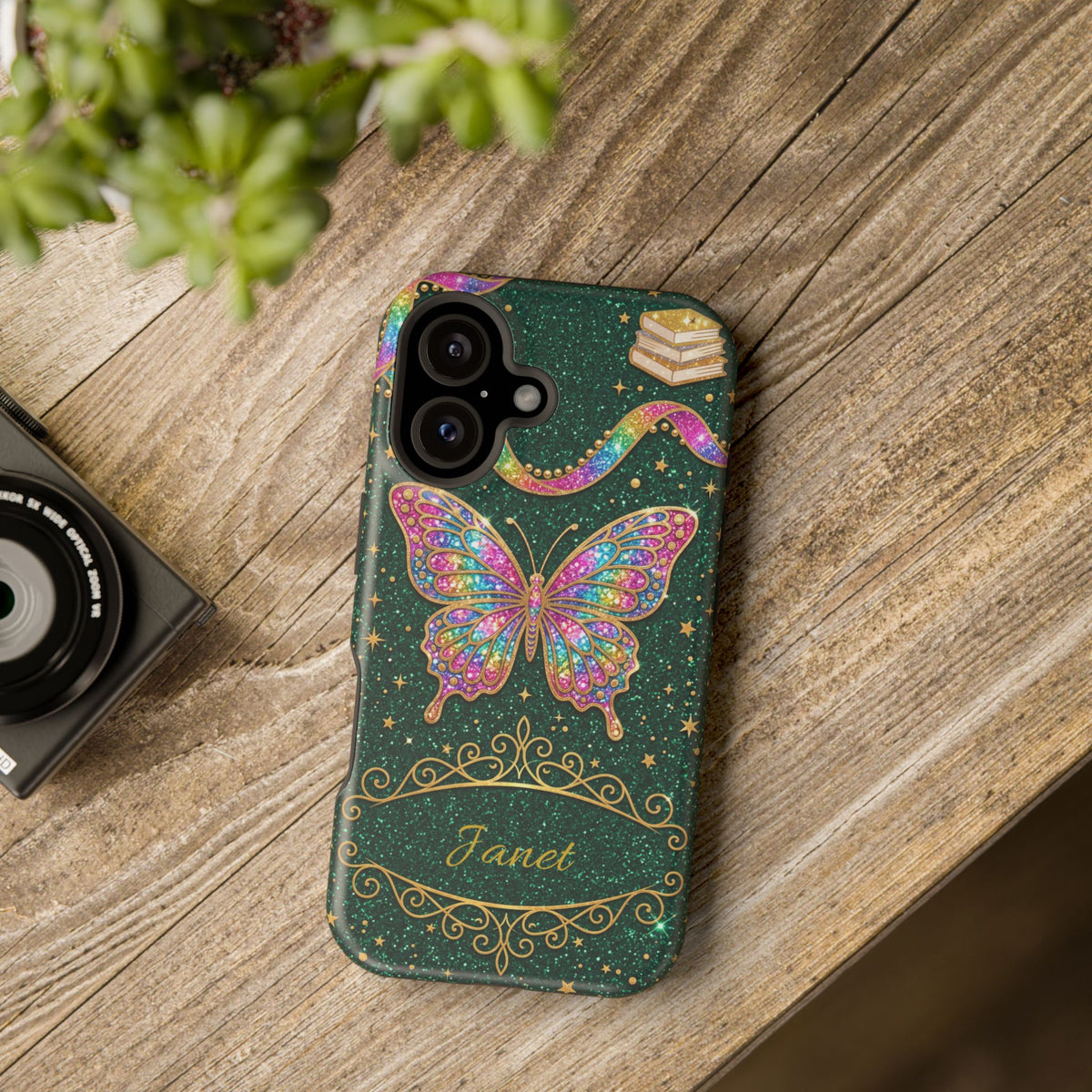 Rainbow Glitter Butterfly Personalized Teacher Phone Case — Wireless Charging Cover