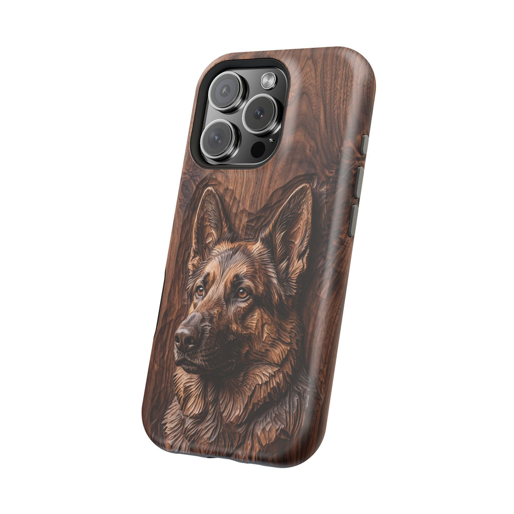 German Shepherd Phone Case | Carved Walnut Art — Tough Magnetic Case with Wireless Charging