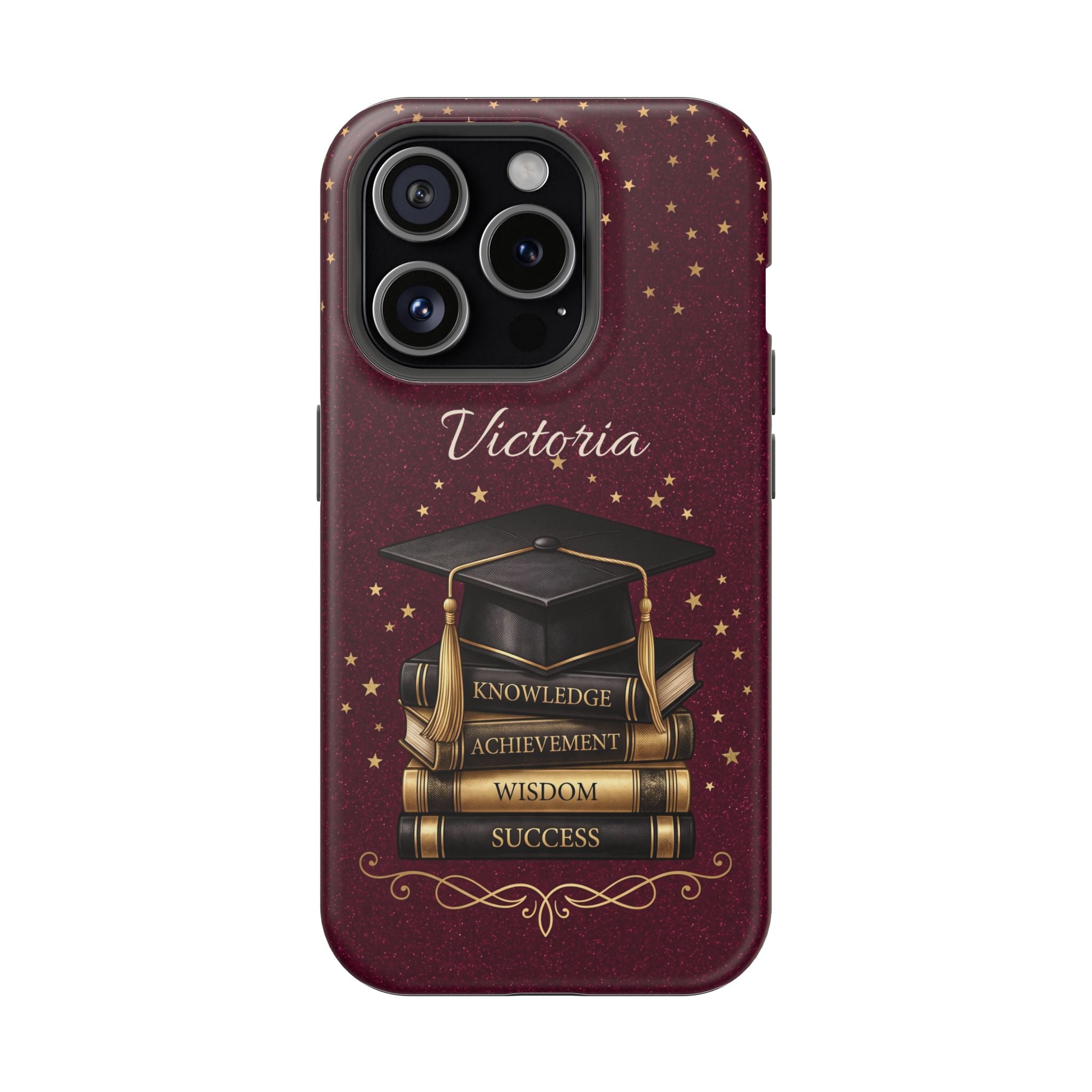 Graduation Cap & Books Personalized Teacher Phone Case — Wireless Charging Cover