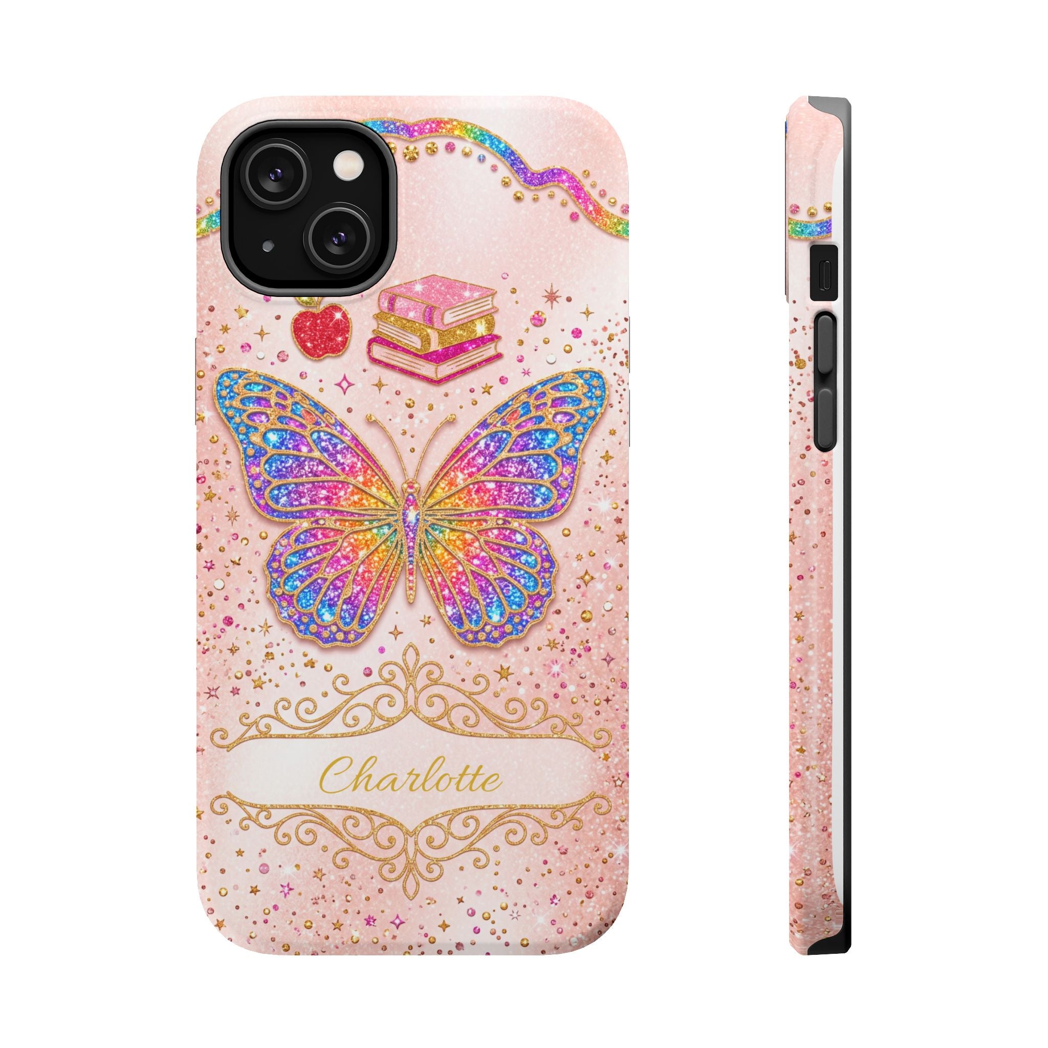 Blush Glitter Butterfly Personalized Teacher Phone Case — Wireless Charging Cover