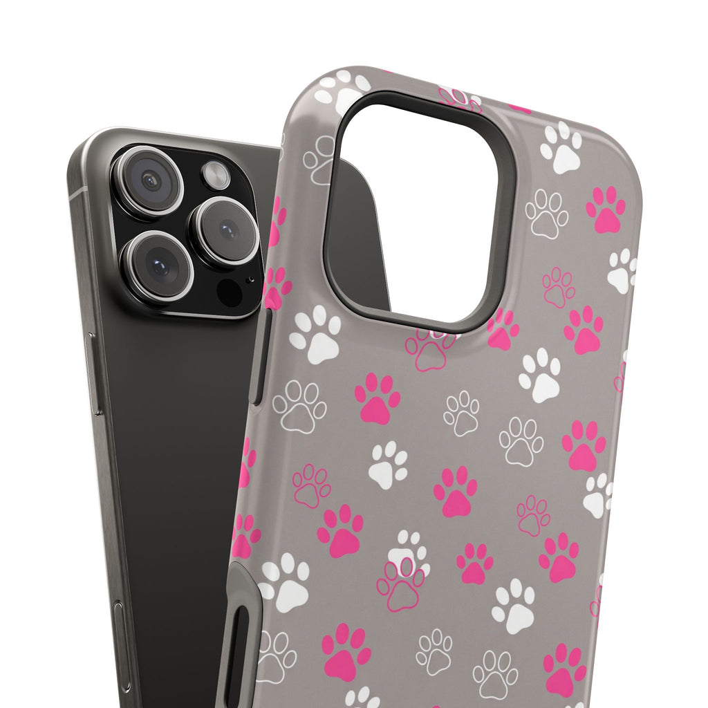 Pink & White Paw Print Phone Case — Impact-Resistant Wireless Charging Cover