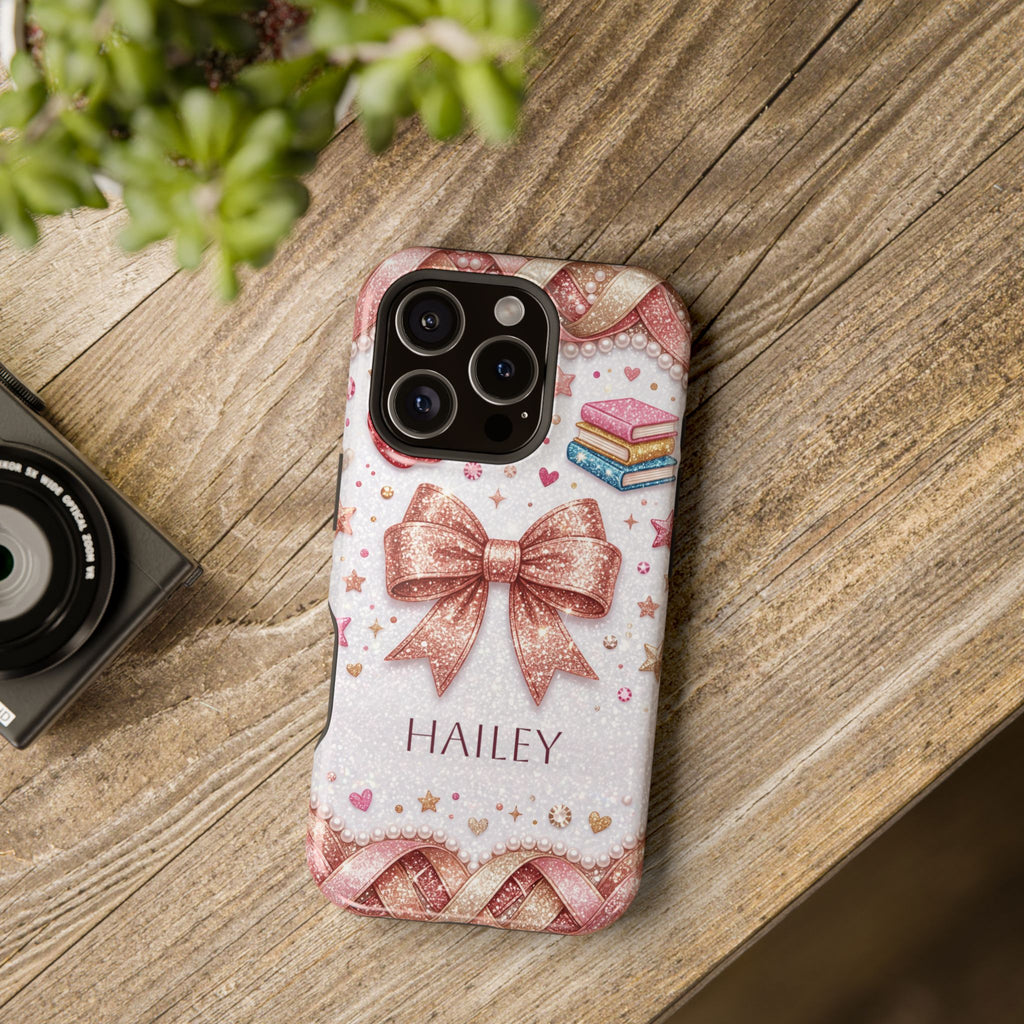 Rose Gold Glitter Bow Personalized Teacher Phone Case — Wireless Charging Cover