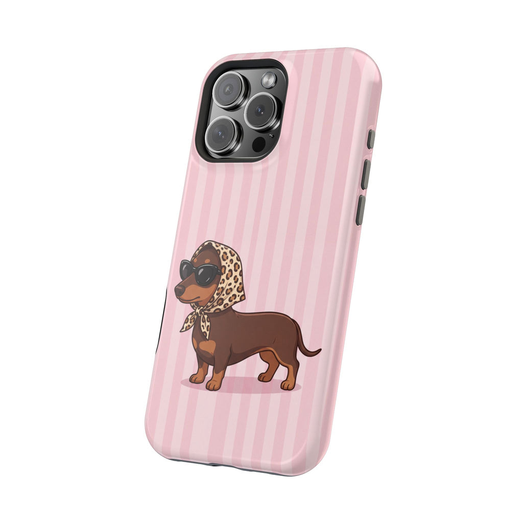 Glam Dachshund Phone Case | Cute Sausage Dog in Leopard Scarf & Sunglasses | Pink Stripe Case for iPhone & Samsung