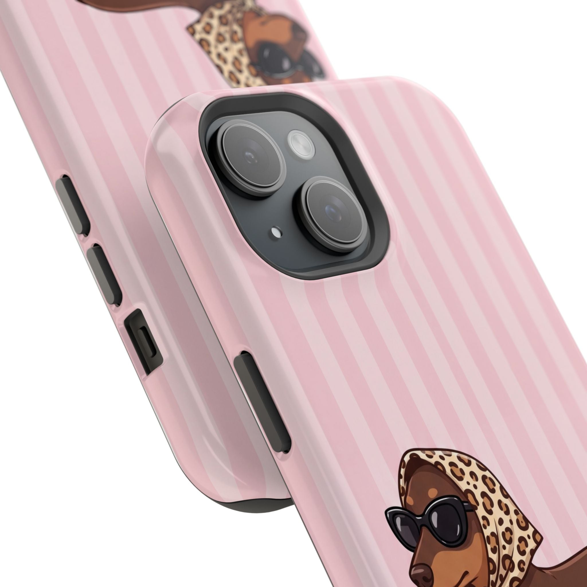 Glam Dachshund Phone Case | Cute Sausage Dog in Leopard Scarf & Sunglasses | Pink Stripe Case for iPhone & Samsung