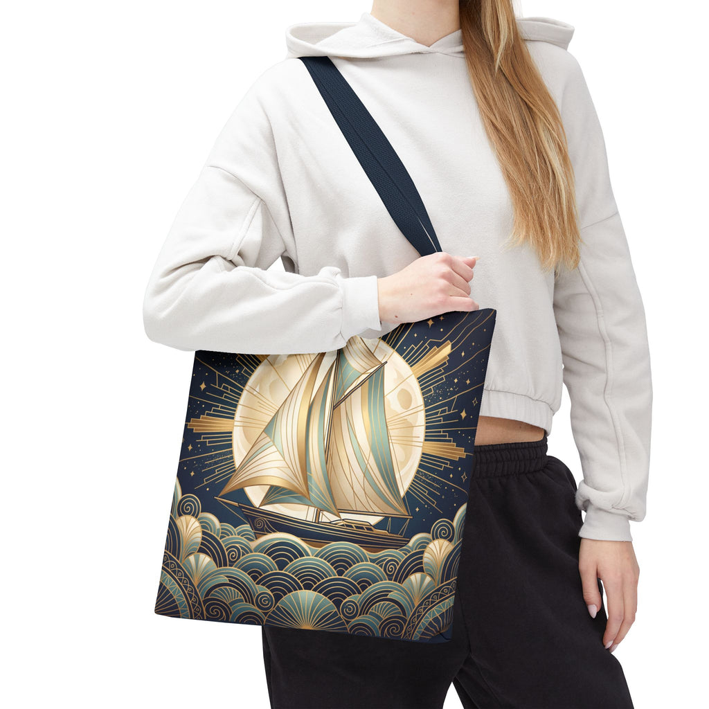 Art Deco Moonlit Sailboat Tote Bag – Starry Night Nautical Beach Bag
