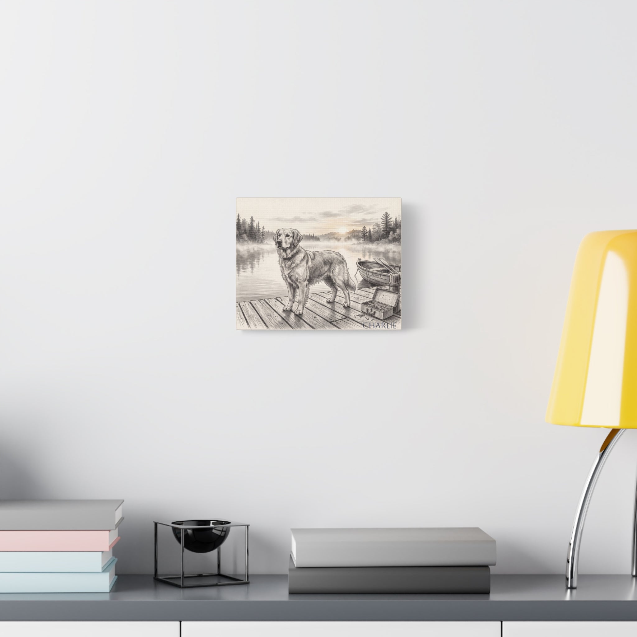 Golden Retriever Lakeside Dock Sketch Personalized Canvas | Misty Lake Wall Art