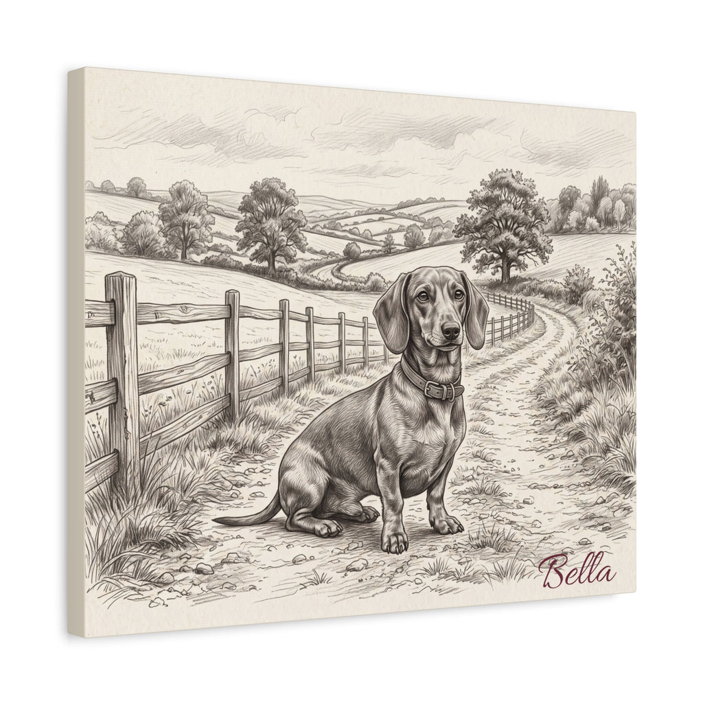 Dachshund Countryside Sketch Personalized Canvas | Rustic Farm Path Wall Art