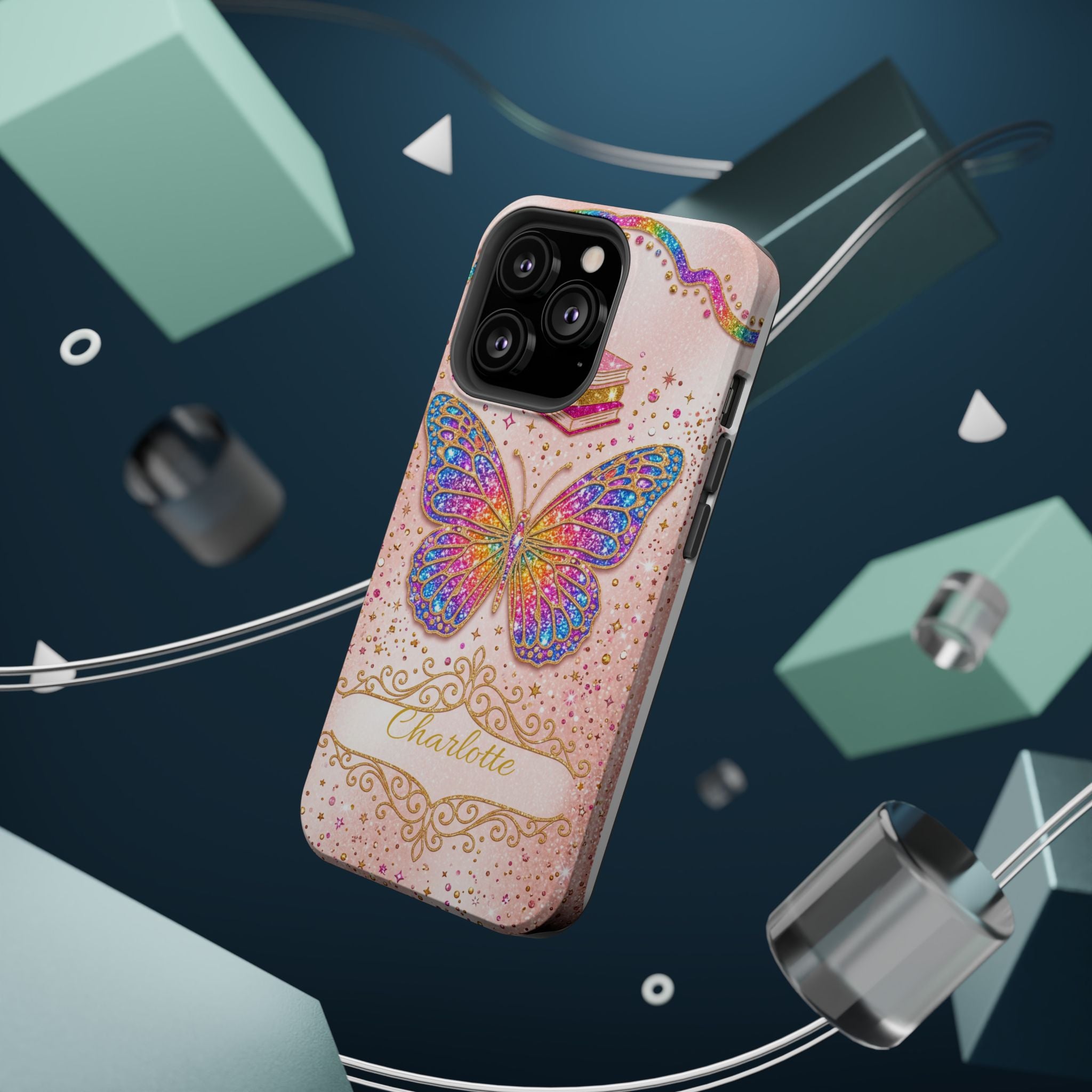 Blush Glitter Butterfly Personalized Teacher Phone Case — Wireless Charging Cover