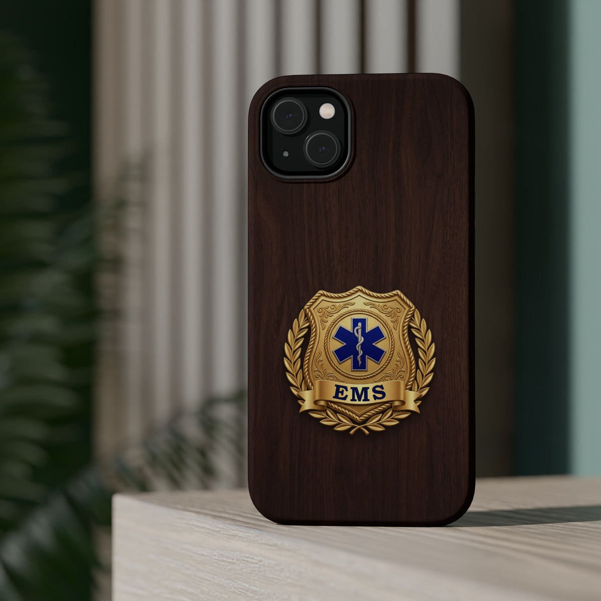 Gold EMS Laurel Badge Wood Phone Case — Magnetic Wireless Charging Cover