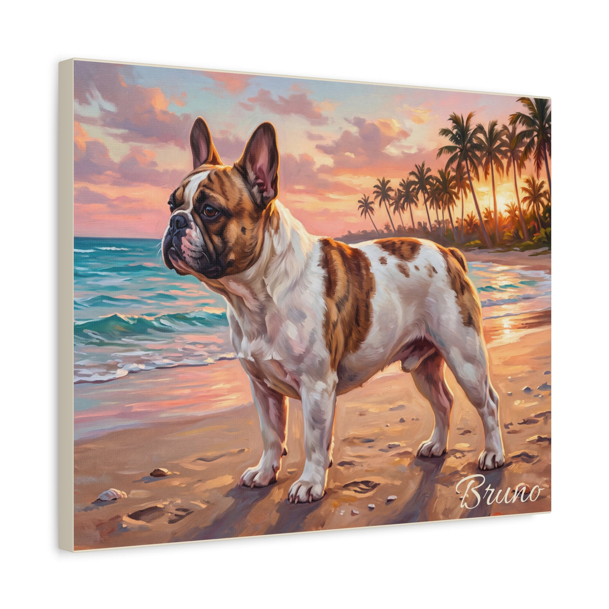 French Bulldog Personalized Canvas | Pied Frenchie Turquoise Beach Sunset Wall Art