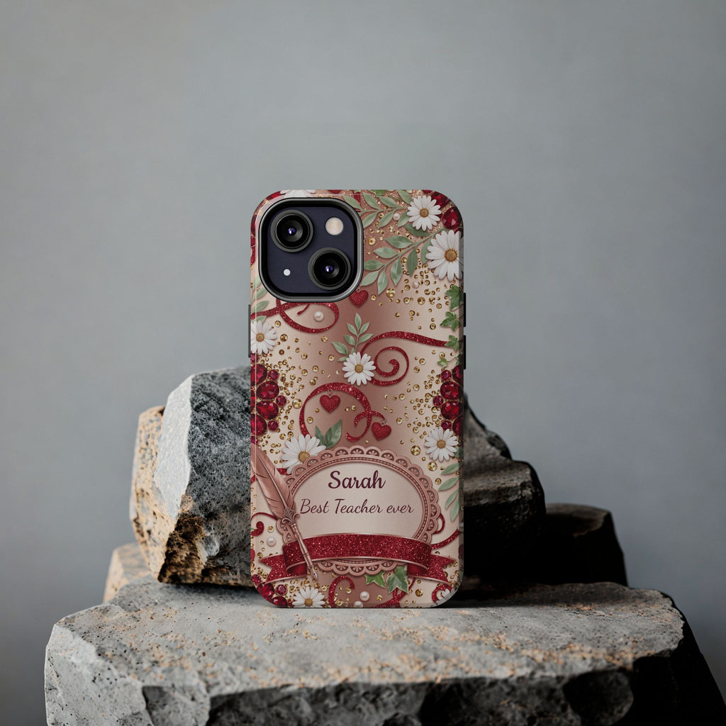 Personalized Teacher Phone Case — Custom Name and Message - Floral Jeweled Design