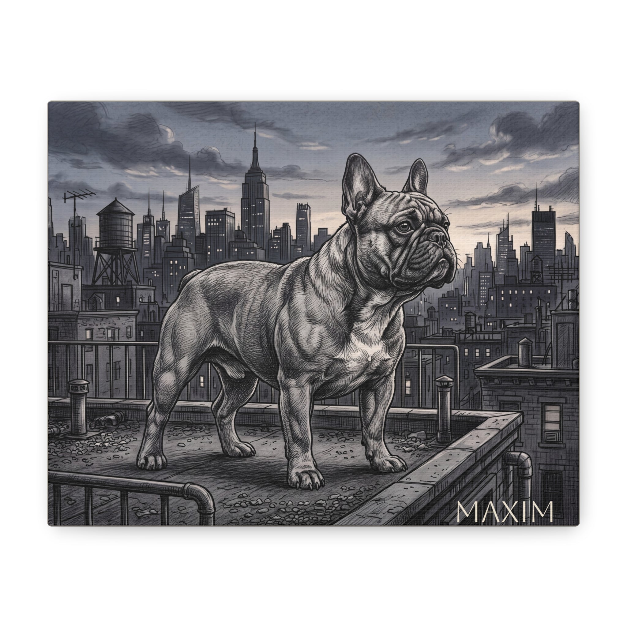 French Bulldog City Rooftop Sketch Personalized Canvas | Urban Skyline Wall Art