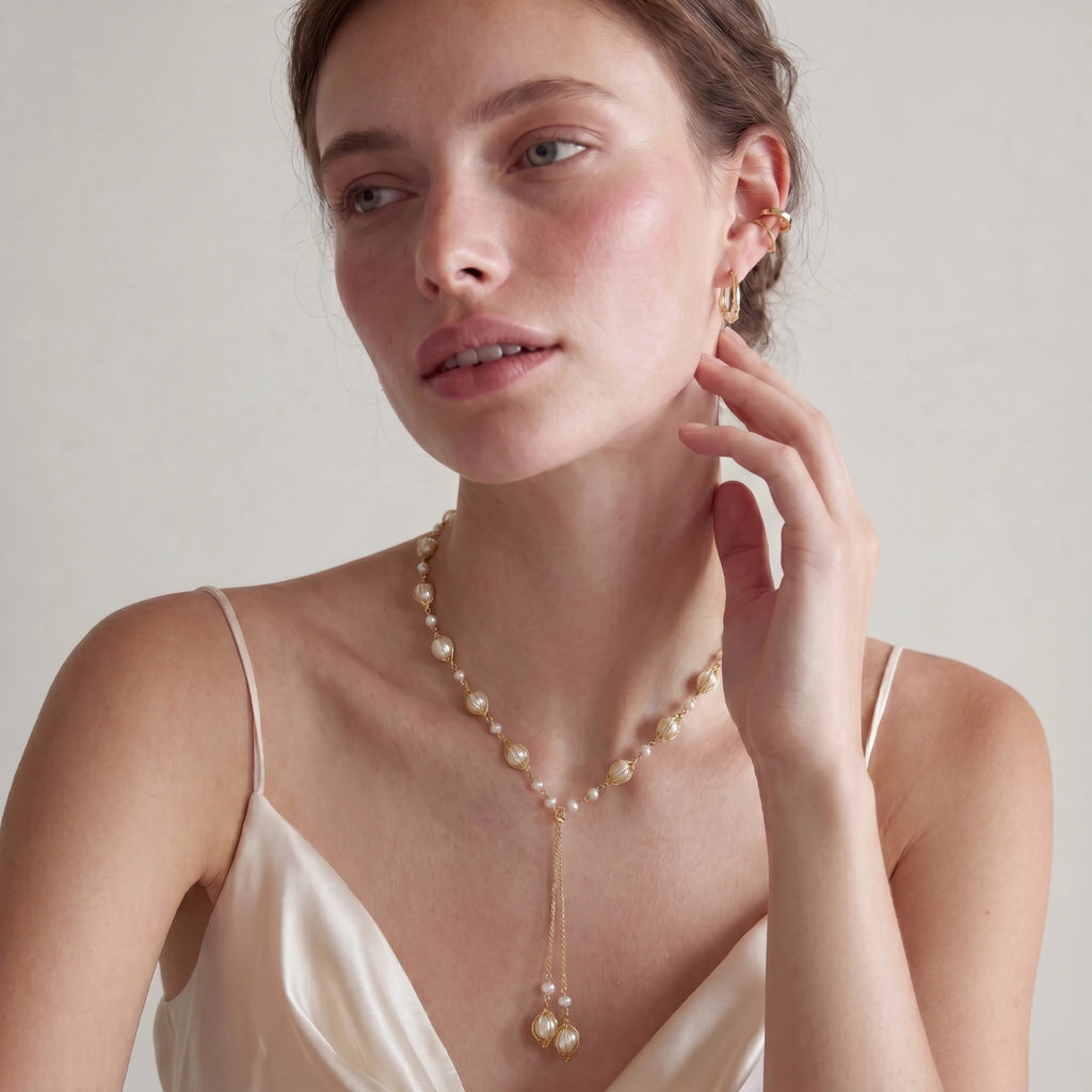 Golden Pearl Lariat Necklace