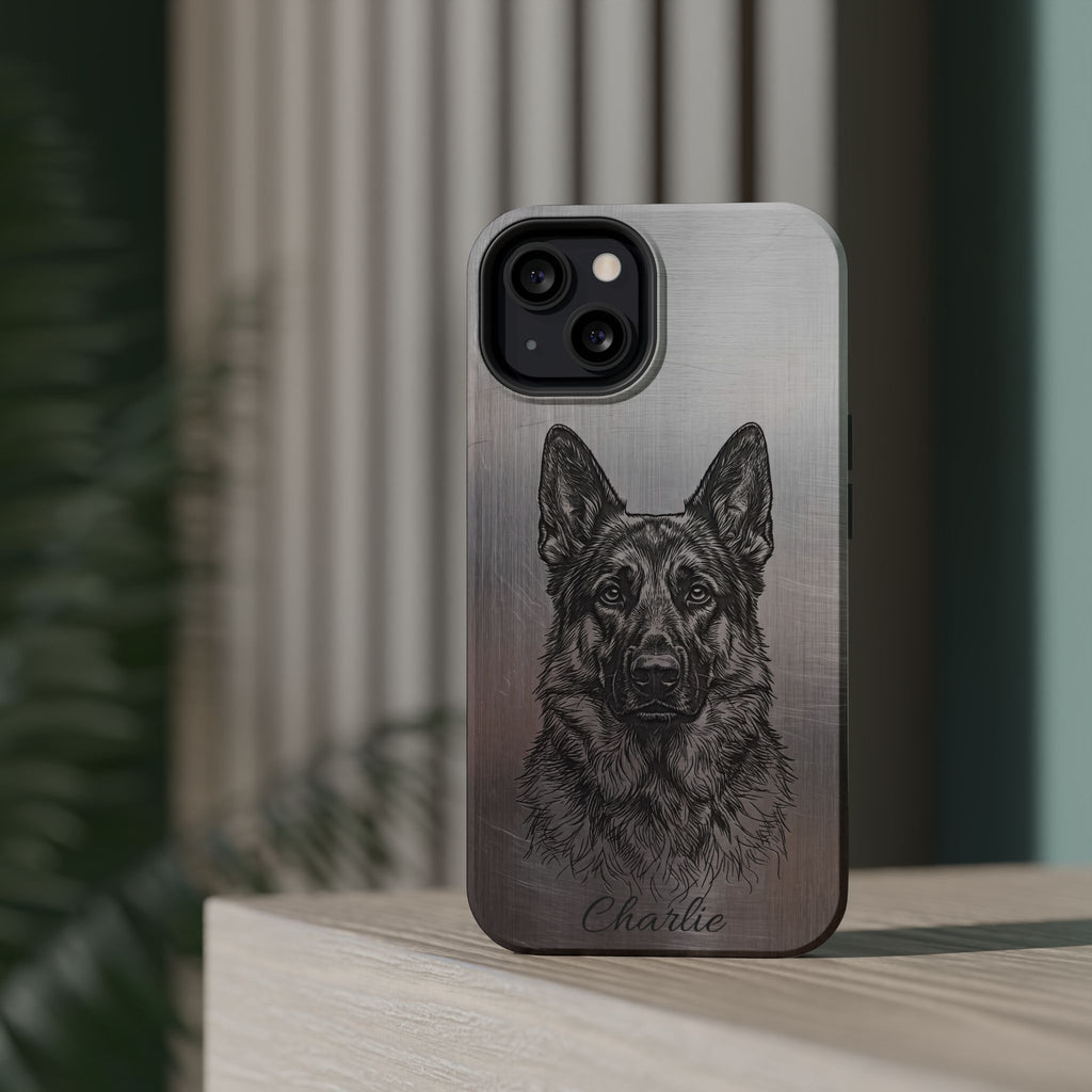 German Shepherd Phone Case | Personalized Etched Silver Art — Tough Magnetic Case with Wireless Charging
