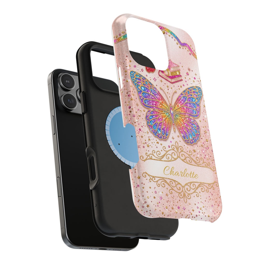 Blush Glitter Butterfly Personalized Teacher Phone Case — Wireless Charging Cover