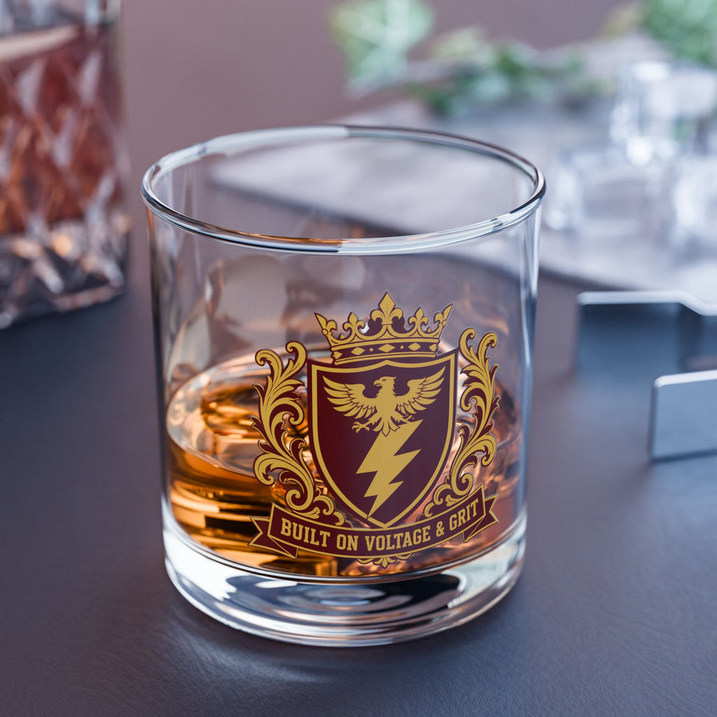 Built On Voltage & Grit Crest Rocks Glass 10oz — Burgundy & Gold Electrician Glass