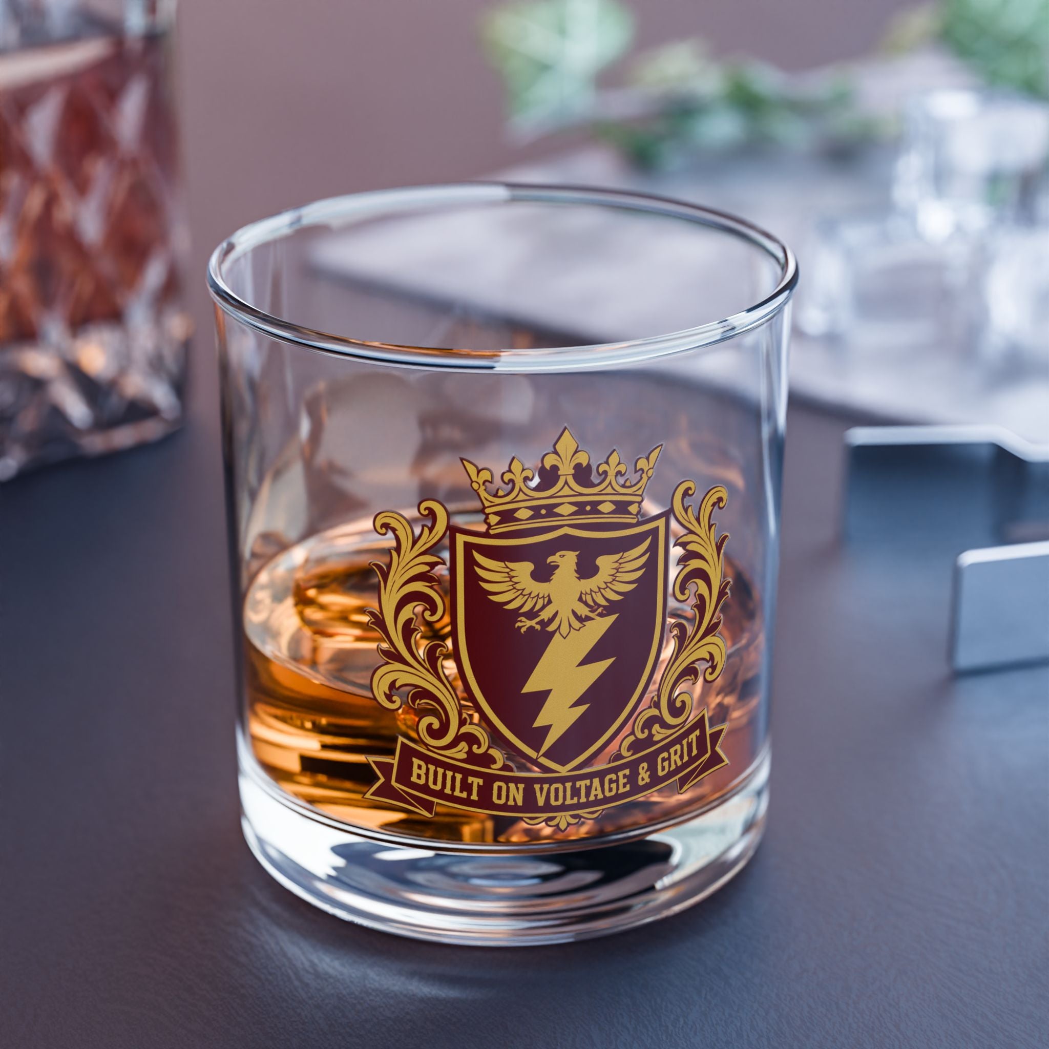 Built On Voltage & Grit Crest Rocks Glass 10oz — Burgundy & Gold Electrician Glass
