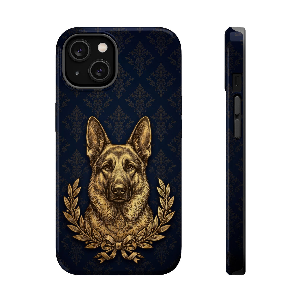 German Shepherd Phone Case | Navy Gold Laurel Art — Tough Magnetic Case with Wireless Charging