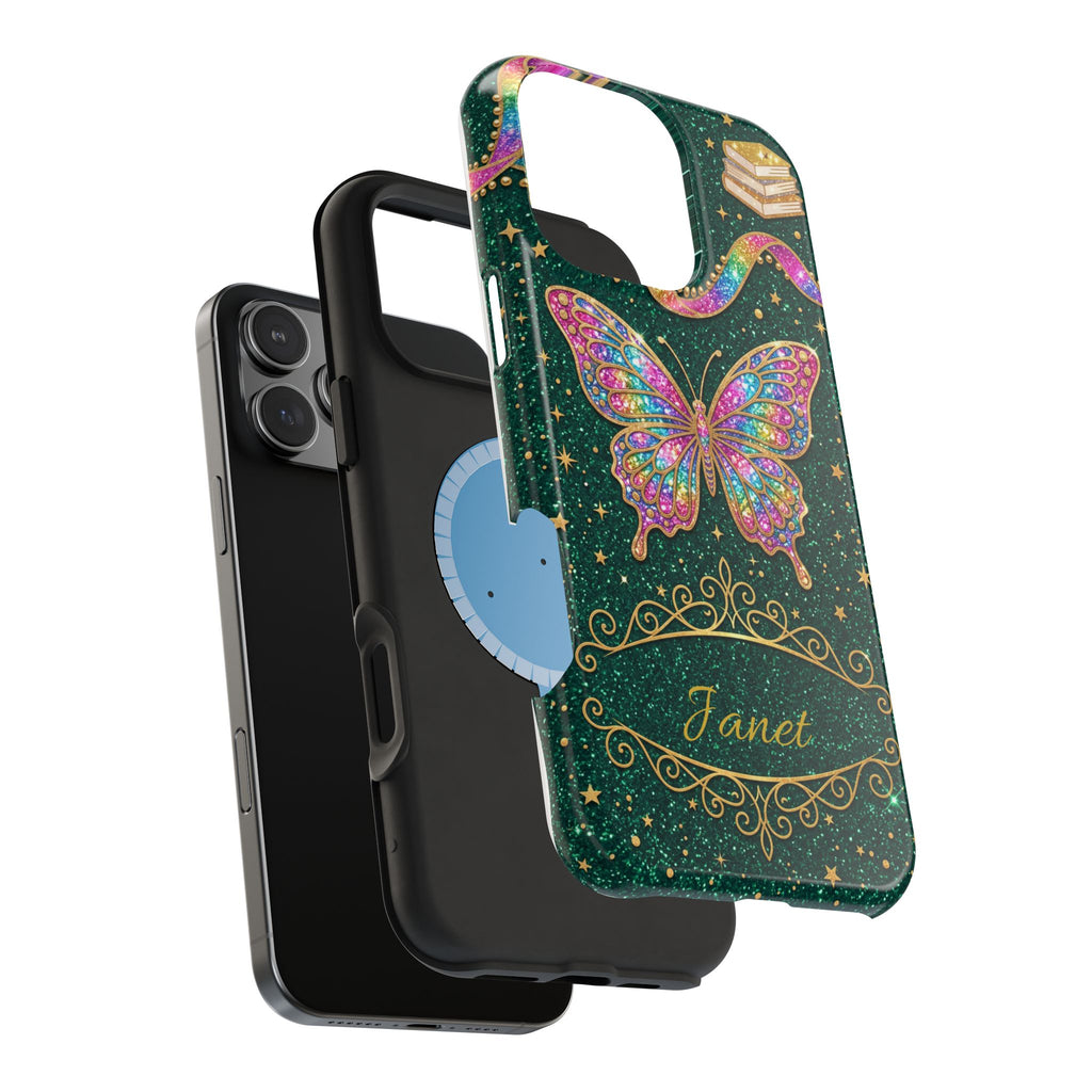 Rainbow Glitter Butterfly Personalized Teacher Phone Case — Wireless Charging Cover
