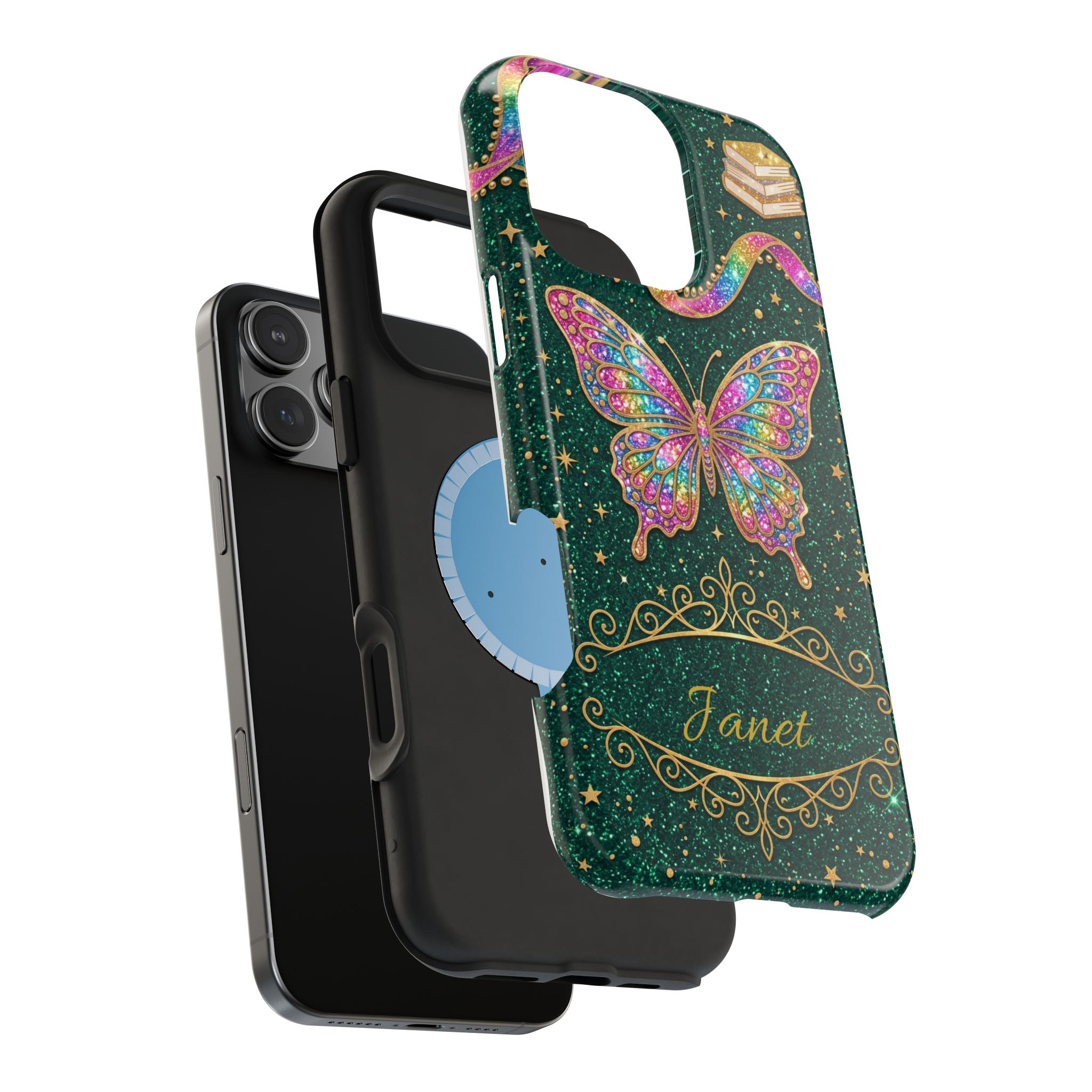 Rainbow Glitter Butterfly Personalized Teacher Phone Case — Wireless Charging Cover