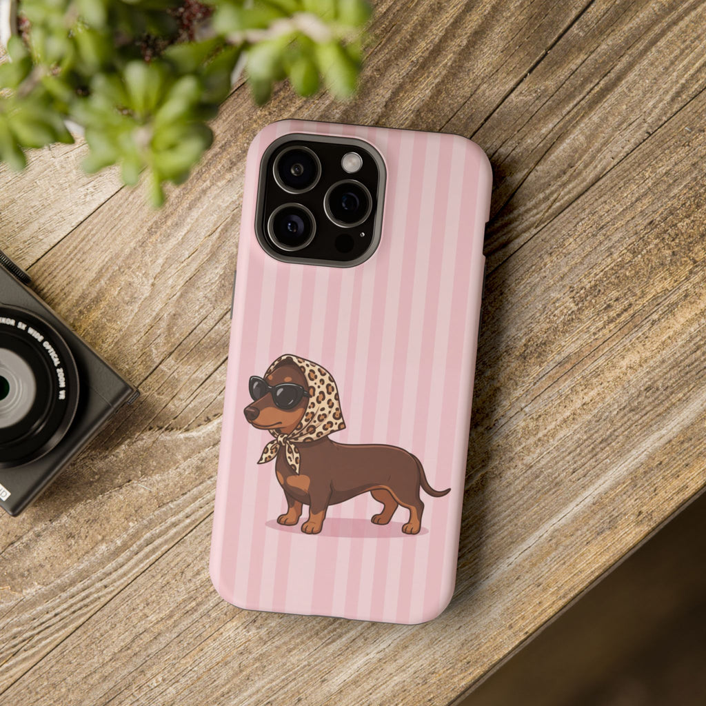 Glam Dachshund Phone Case | Cute Sausage Dog in Leopard Scarf & Sunglasses | Pink Stripe Case for iPhone & Samsung