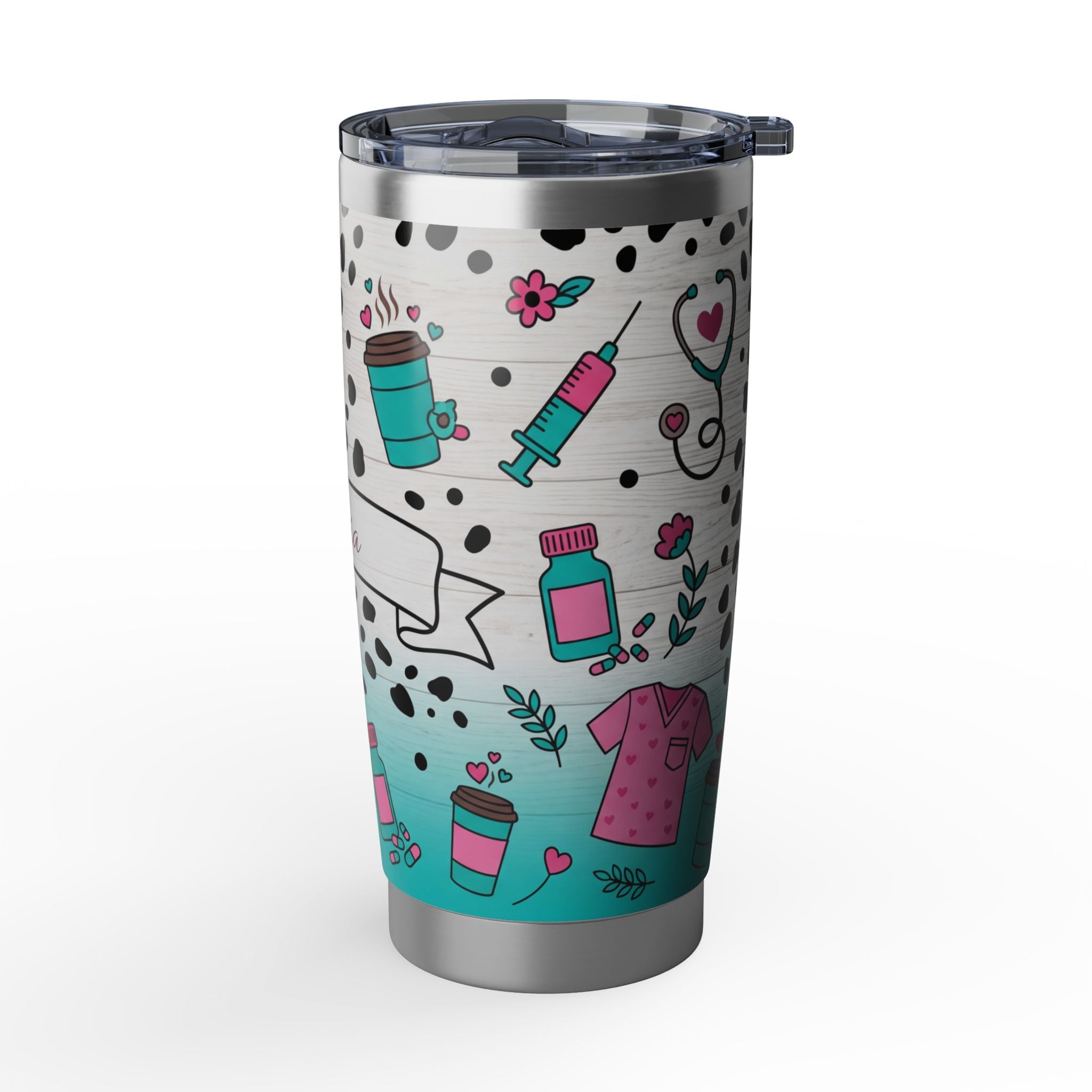 Personalized Nurse Tumbler – Custom Name Dalmatian Print Teal 20 oz