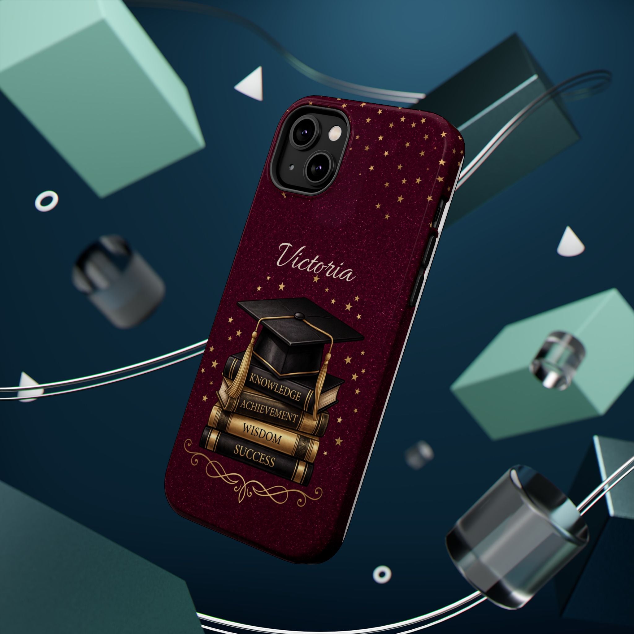 Graduation Cap & Books Personalized Teacher Phone Case — Wireless Charging Cover