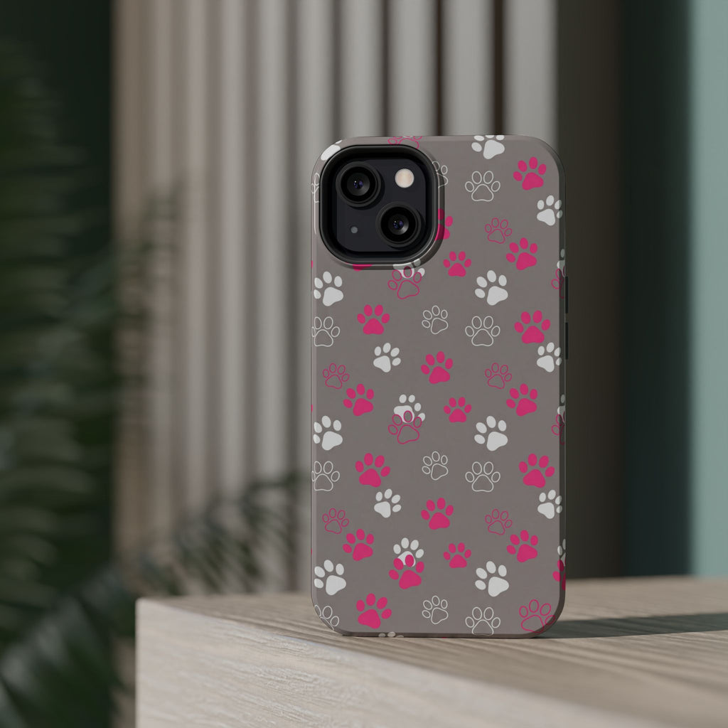 Pink & White Paw Print Phone Case — Impact-Resistant Wireless Charging Cover