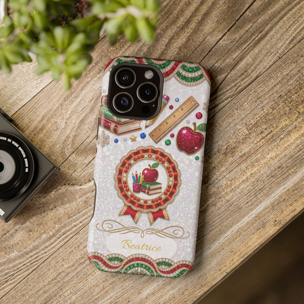 Jeweled Apple Medallion Personalized Teacher Phone Case — Wireless Charging Cover