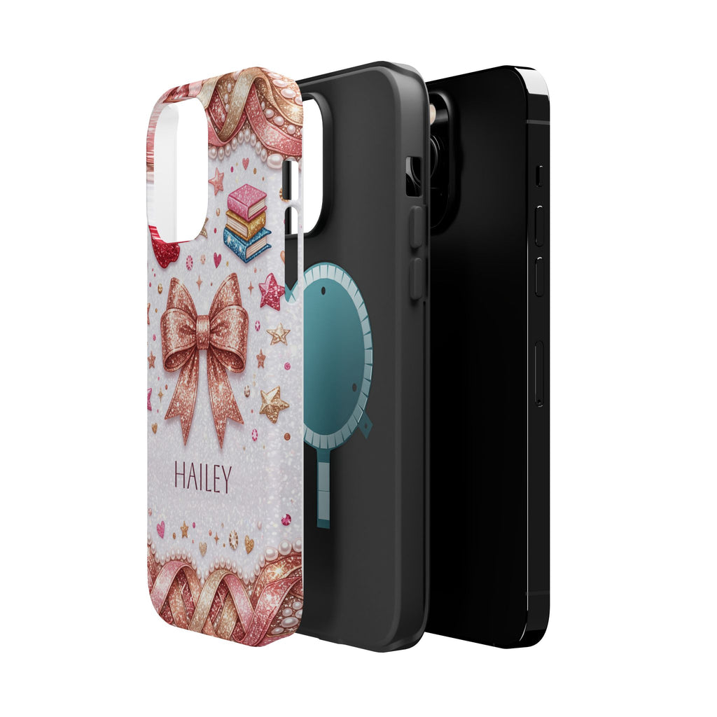 Rose Gold Glitter Bow Personalized Teacher Phone Case — Wireless Charging Cover