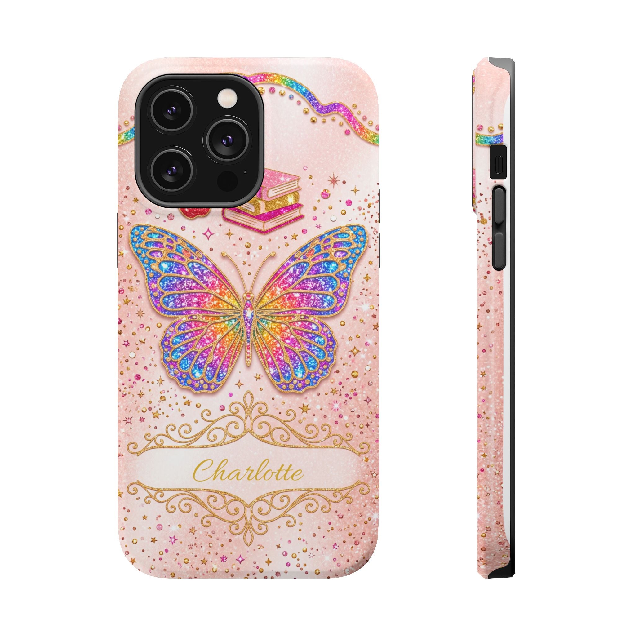 Blush Glitter Butterfly Personalized Teacher Phone Case — Wireless Charging Cover