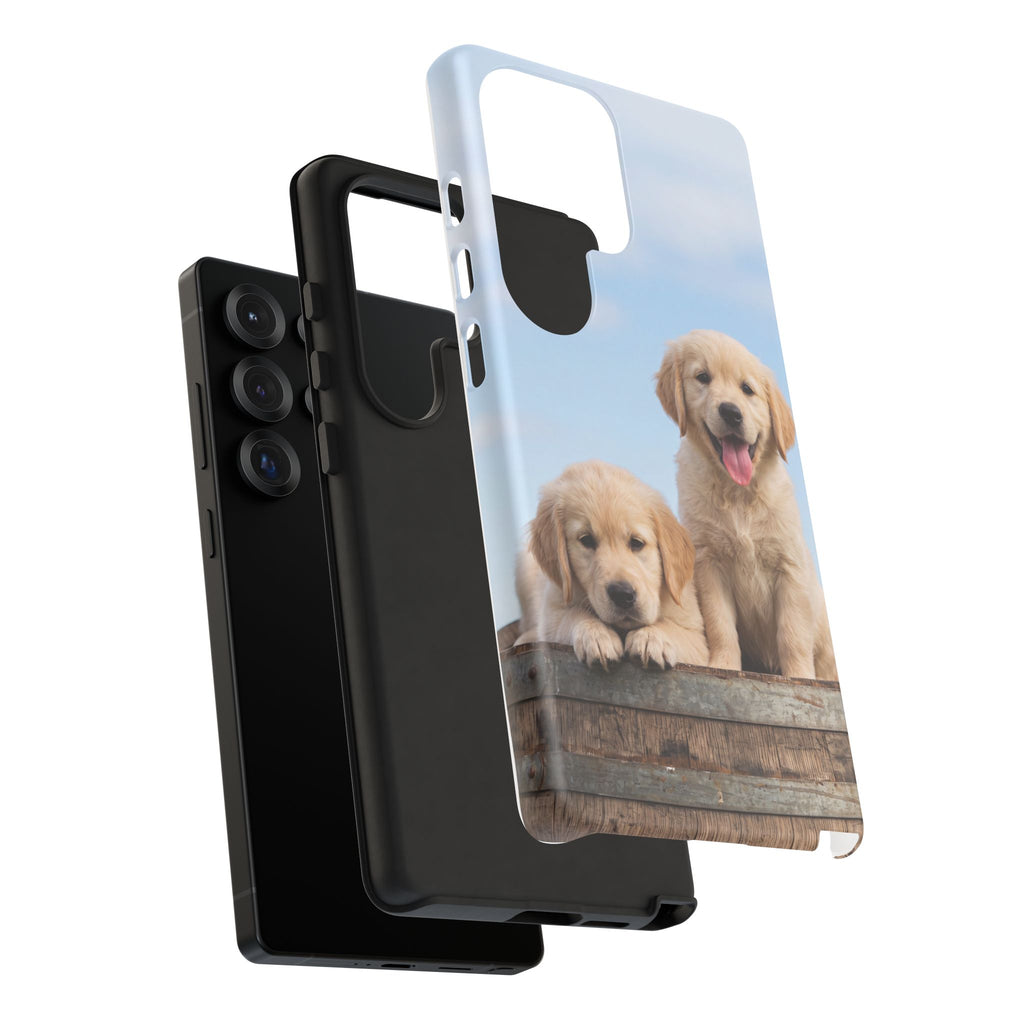 Golden Retriever Puppies on Barrel Phone Case | Cute Duo Under Blue Sky | iPhone & Samsung
