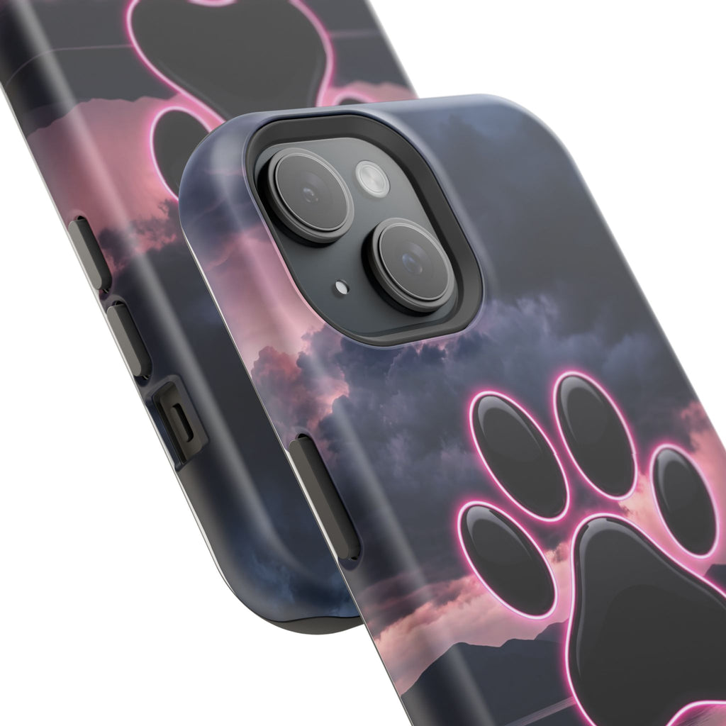 Neon Paw Print Phone Case — Impact-Resistant Wireless Charging Cover