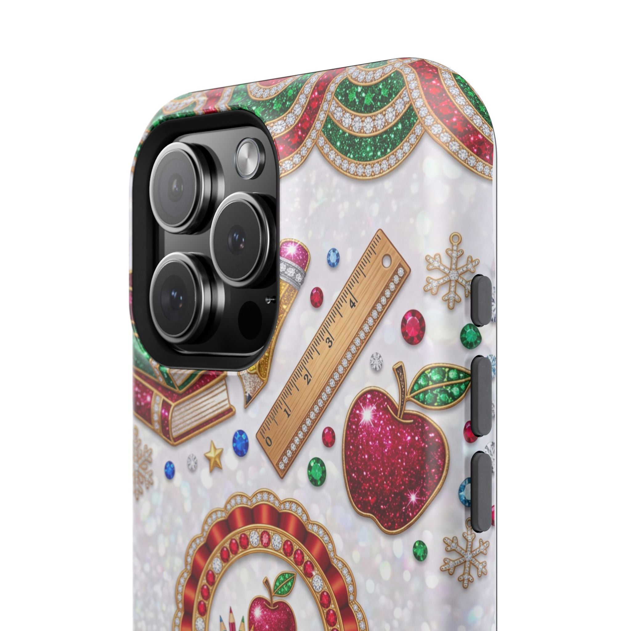Jeweled Apple Medallion Personalized Teacher Phone Case — Wireless Charging Cover