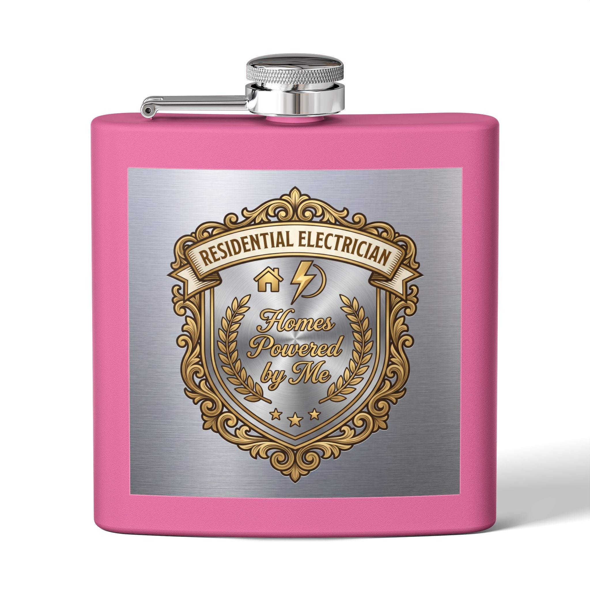 Flask — "Residential Electrician: Homes Powered by Me" (Crest Edition) 6oz Stainless Steel Hip Flask