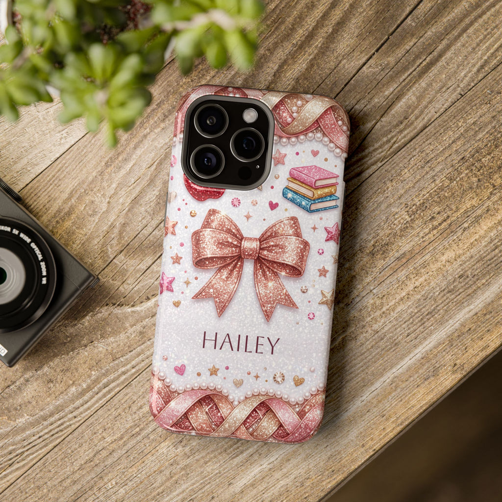 Rose Gold Glitter Bow Personalized Teacher Phone Case — Wireless Charging Cover